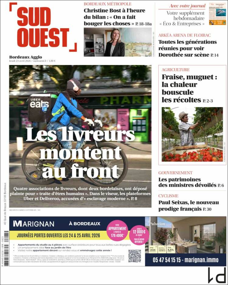 Portada de Sud Ouest (Francia)