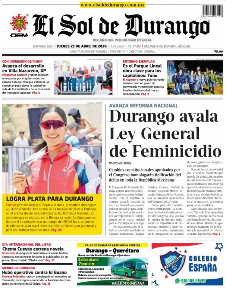 Portada de El Sol de Durango (M&eacute;xico)