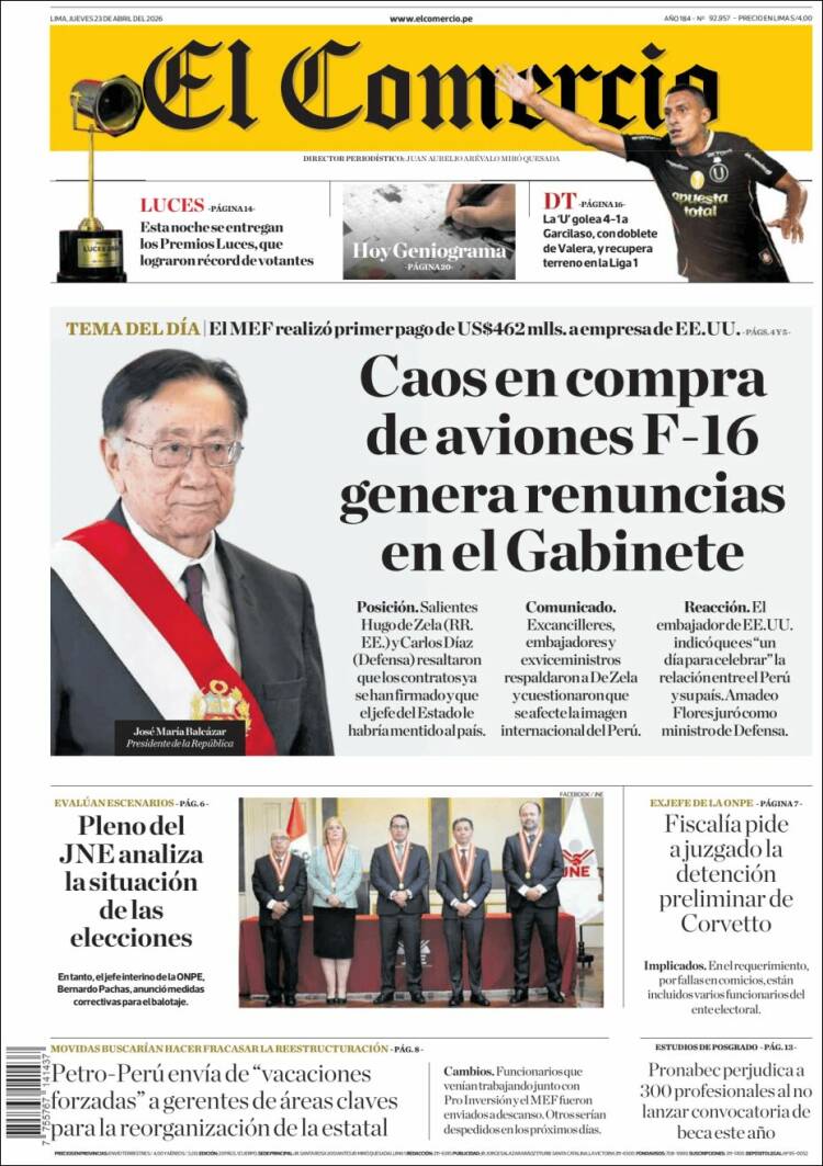 Portada de El Comercio (Per&uacute;)