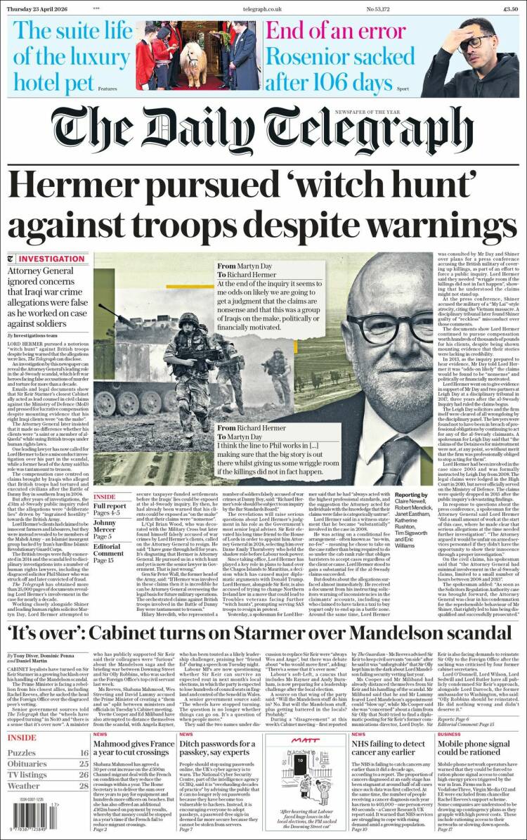 Portada de Daily Telegraph (Reino Unido)