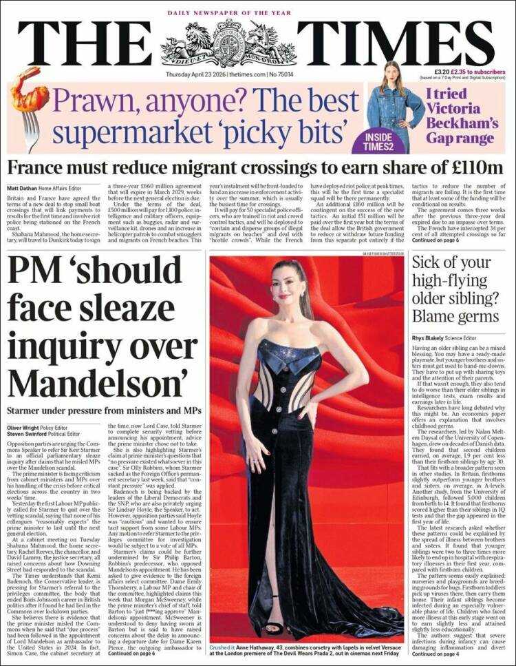 Portada de The Times (Reino Unido)