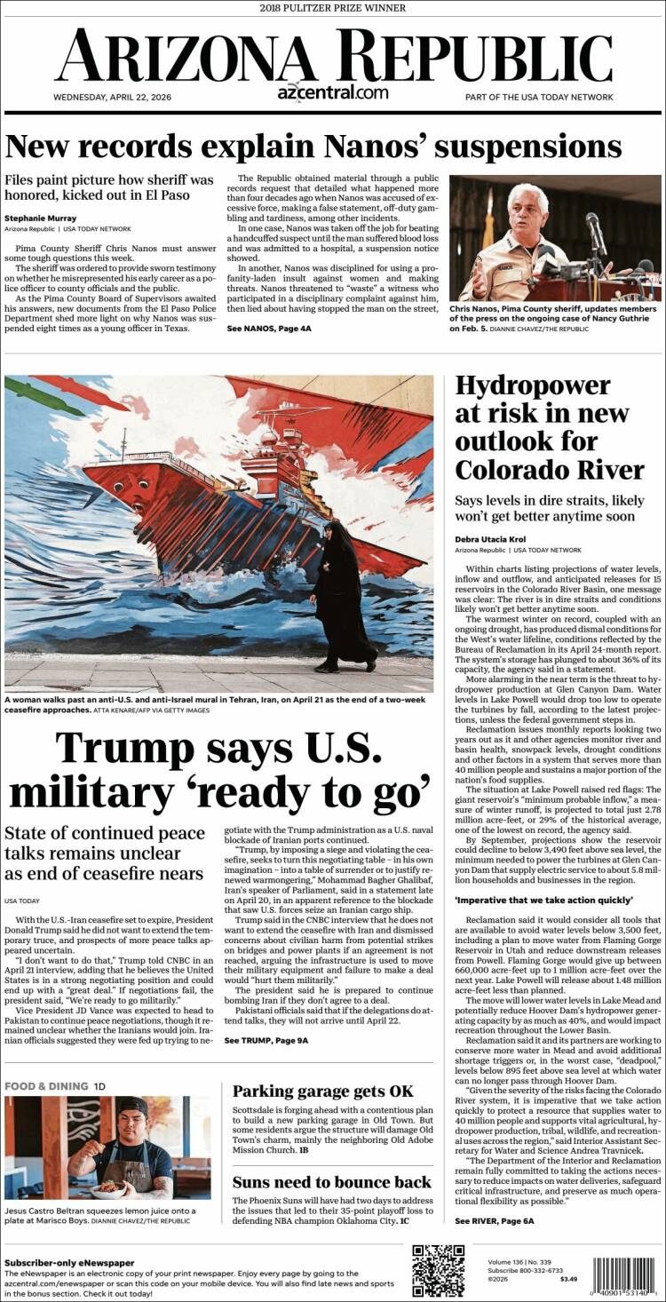 Portada de Arizona Republic News (USA)