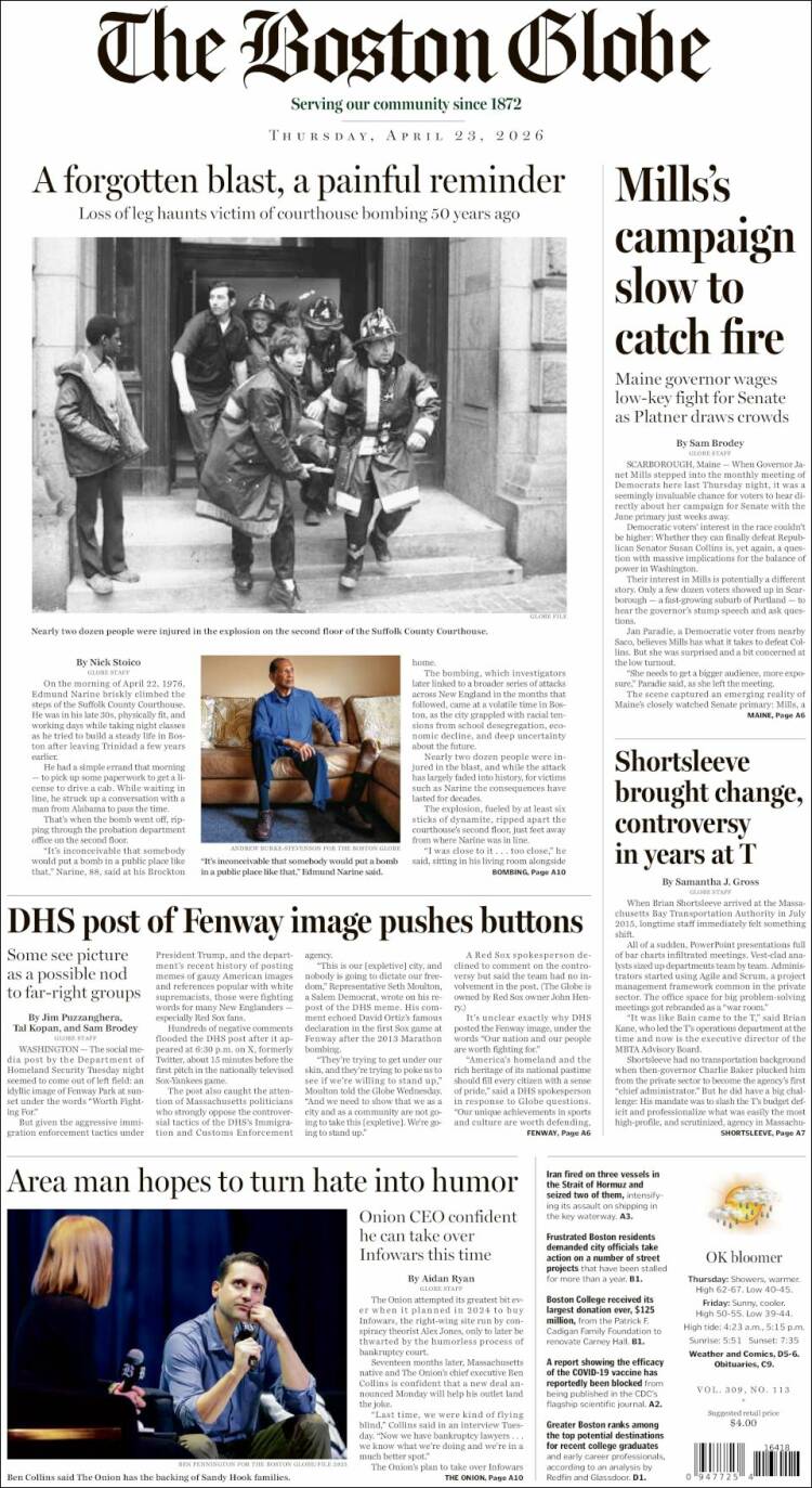 Portada de Boston Globe (USA)