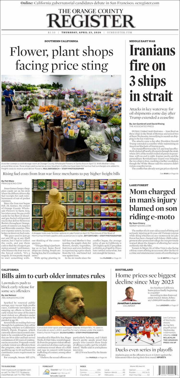 Portada de The Orange County Register (USA)