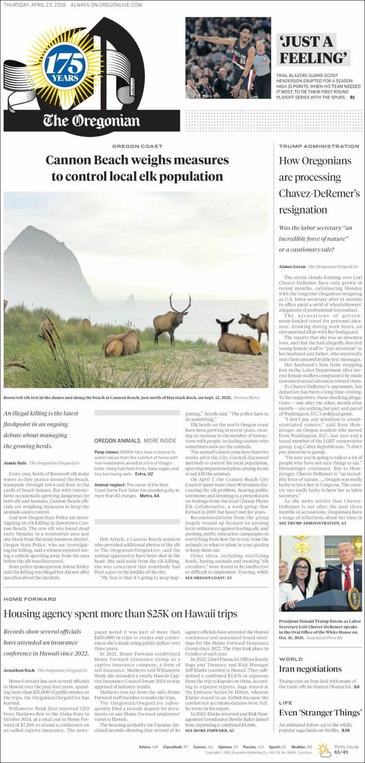 Portada de The Oregonian (USA)