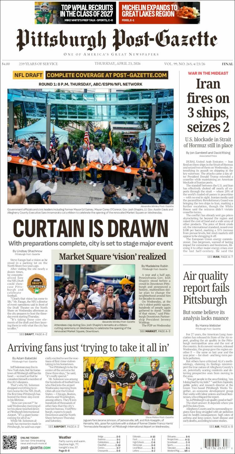 Portada de Pittsburgh Post-Gazette (USA)