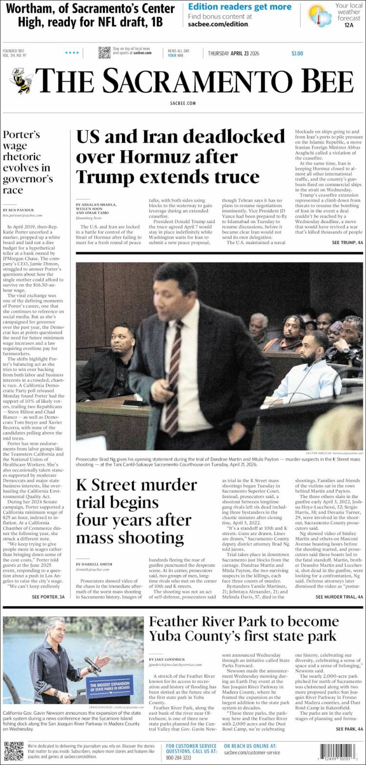 Portada de The Sacramento Bee (USA)