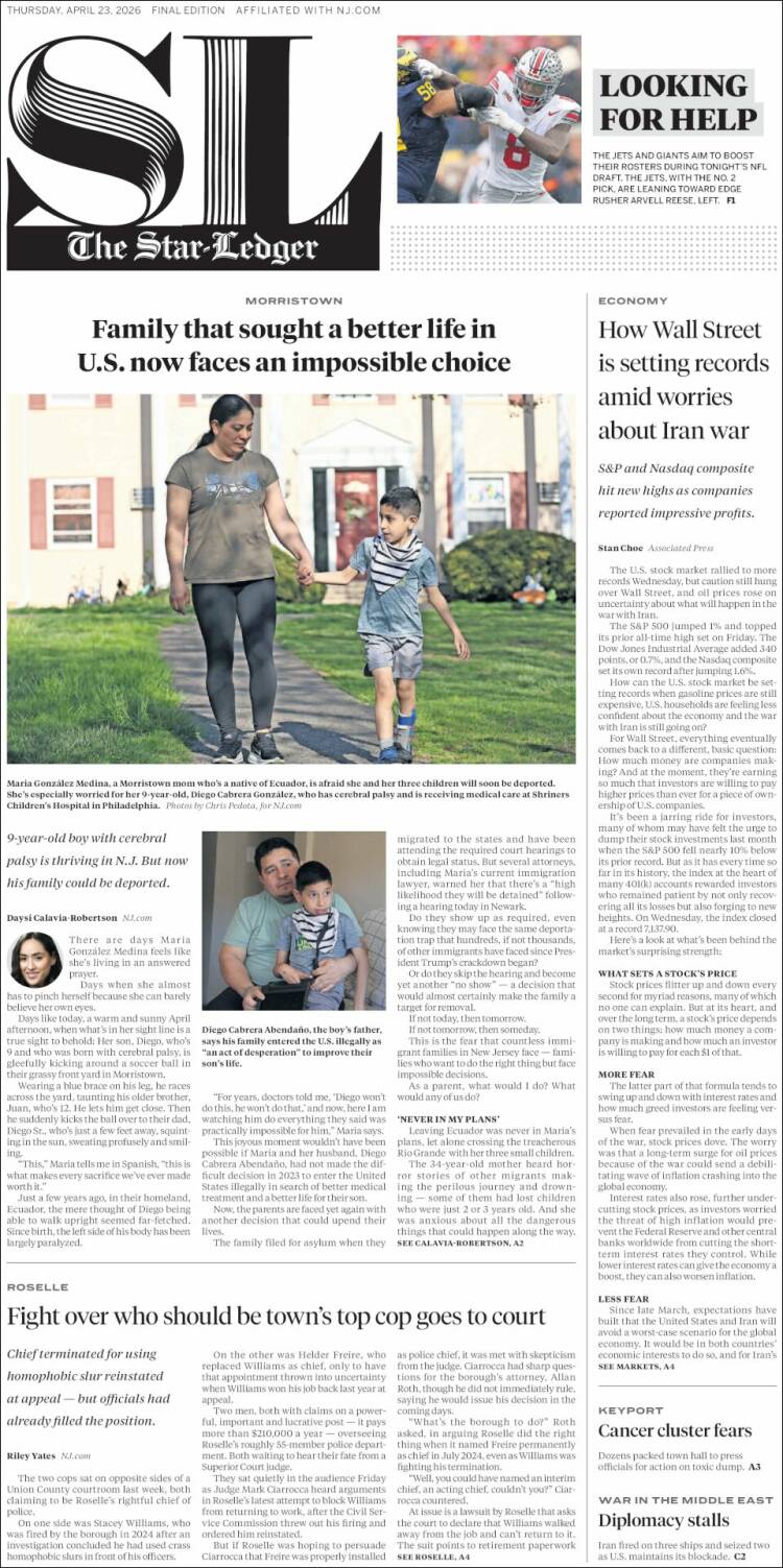 Portada de Star-Ledger (USA)