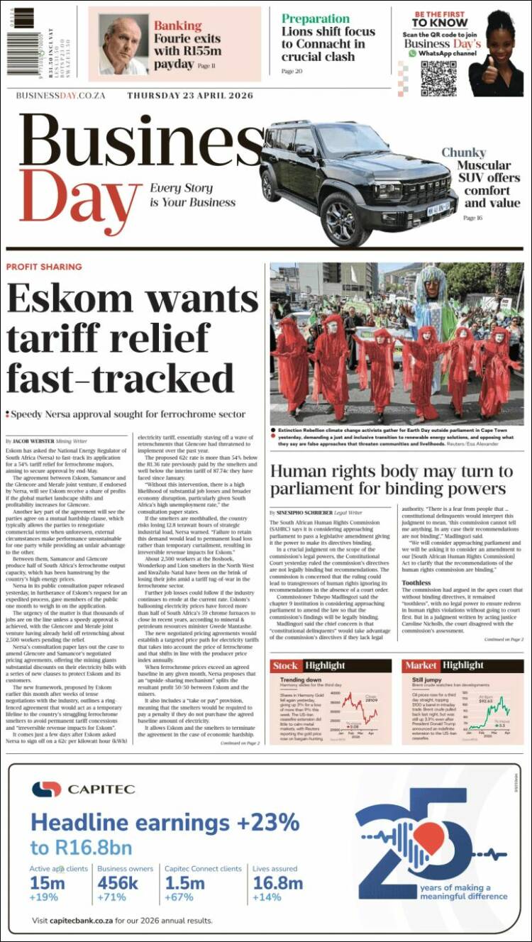 Portada de Business Day (Sud&aacute;frica)