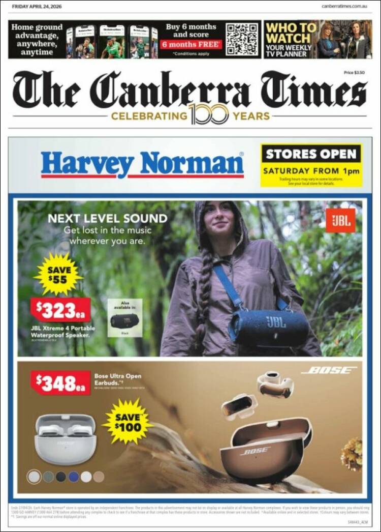 Portada de The Canberra Times (Australia)