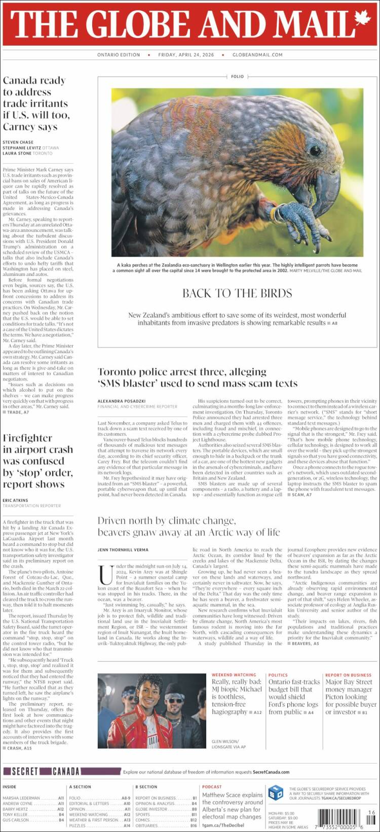 Portada de The Globe and Mail (Canad&aacute;)