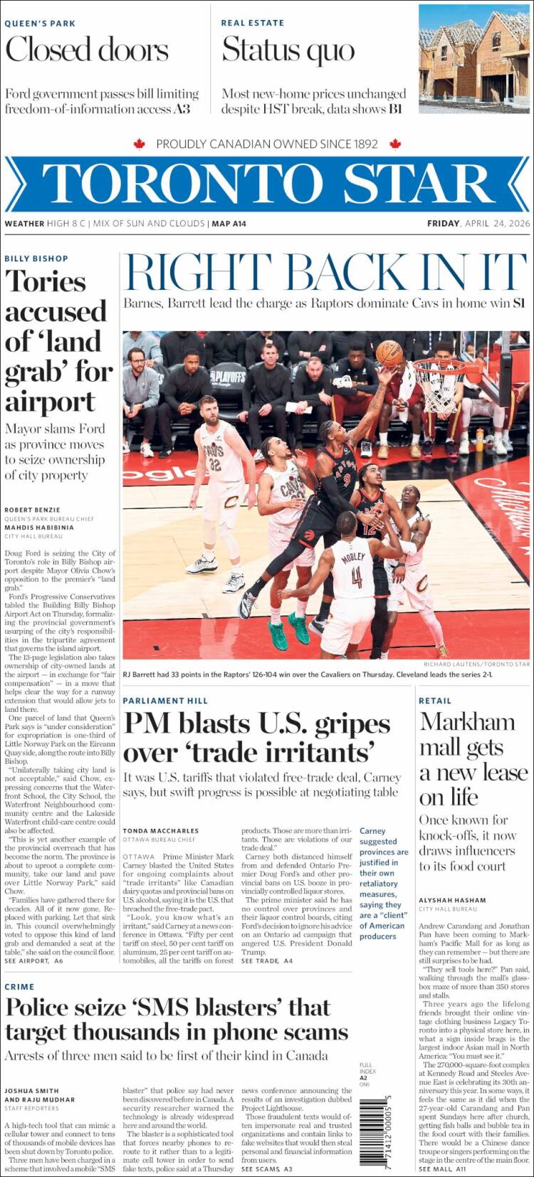 Portada de The Toronto Star (Canad&aacute;)