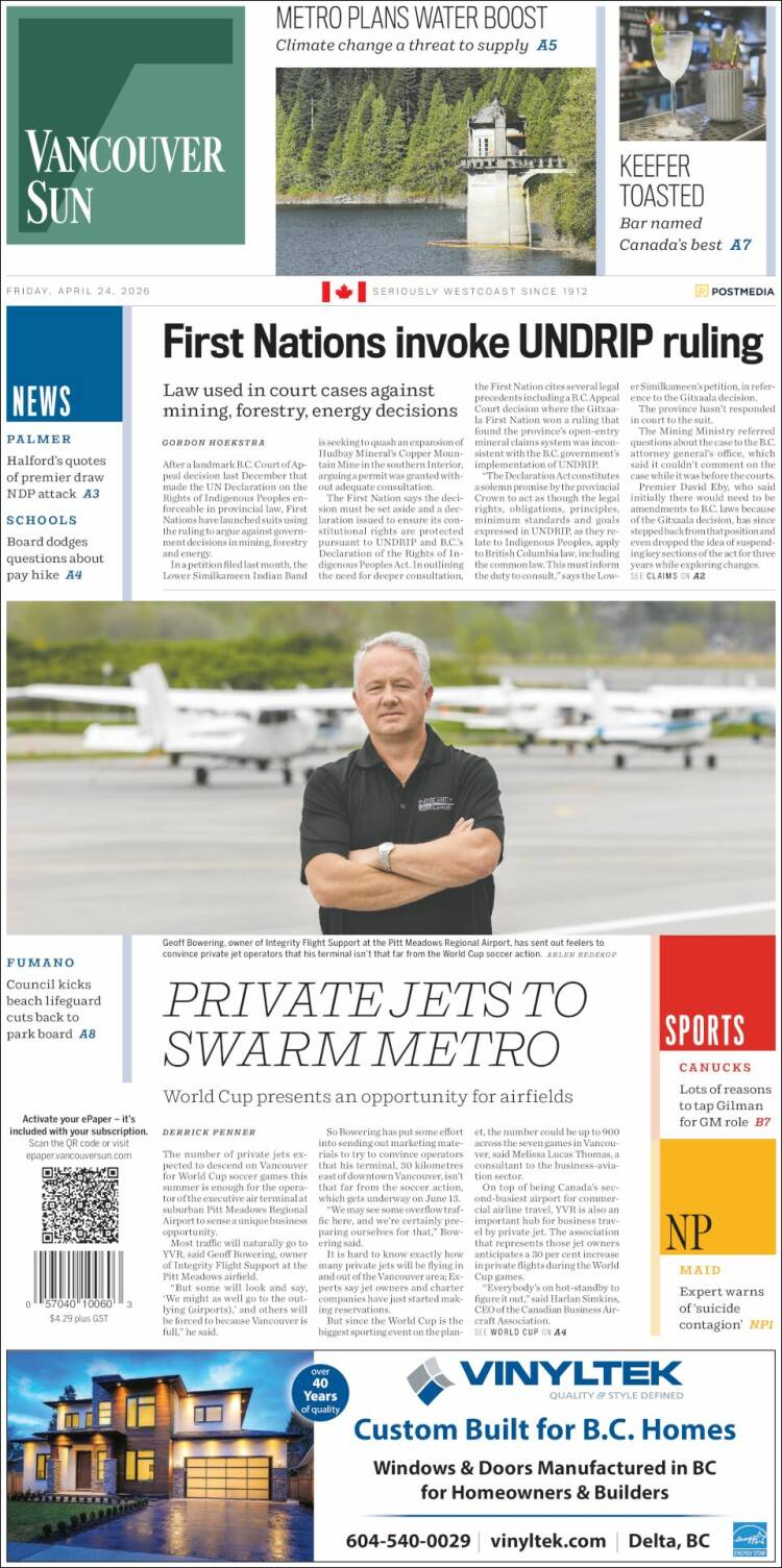 Portada de The Vancouver Sun (Canad&aacute;)