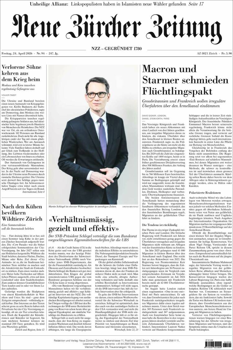 Portada de Neue Zürcher Zeitung (Suiza)