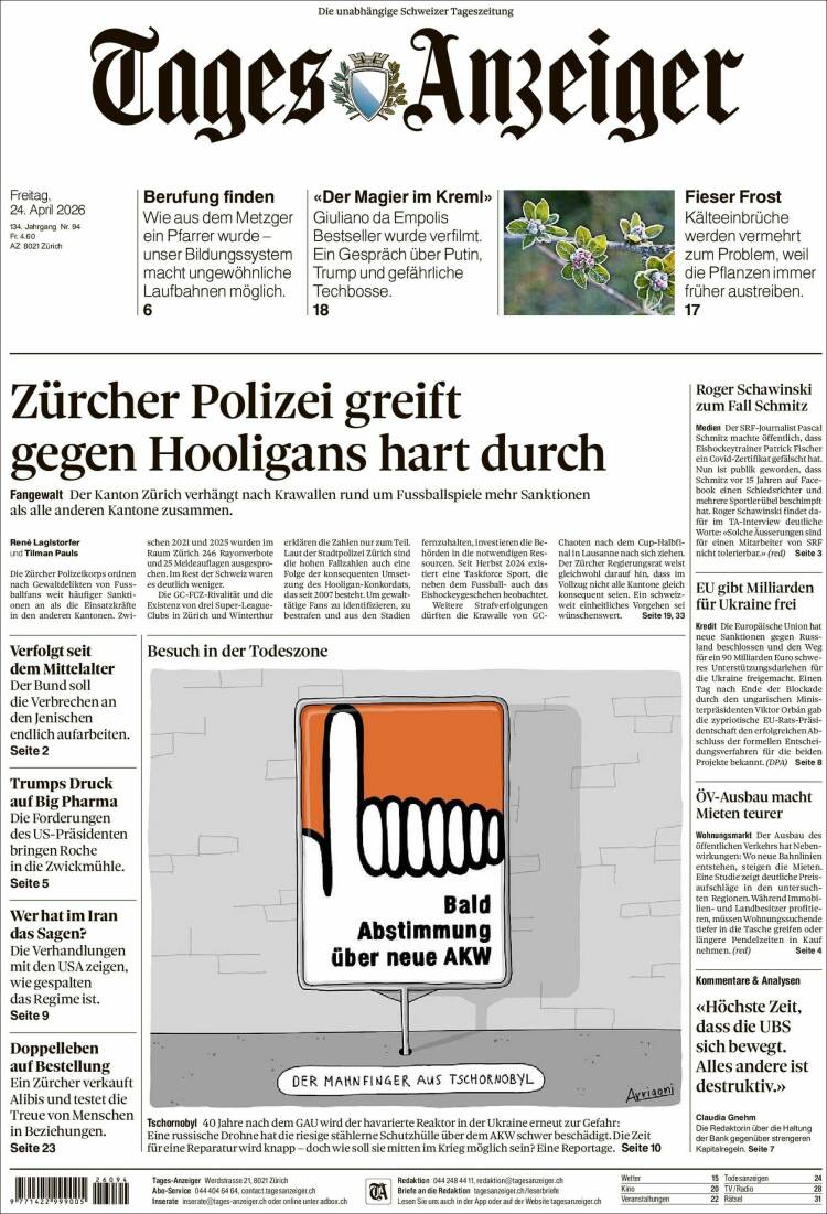 Portada de Tages-Anzeiger (Suiza)