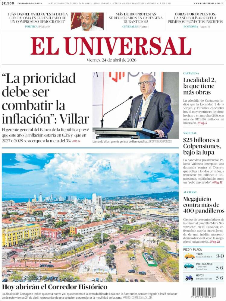 Portada de El Universal (Colombia)