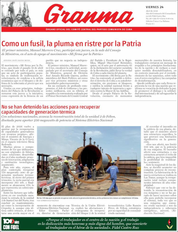 Portada de Granma (Cuba)