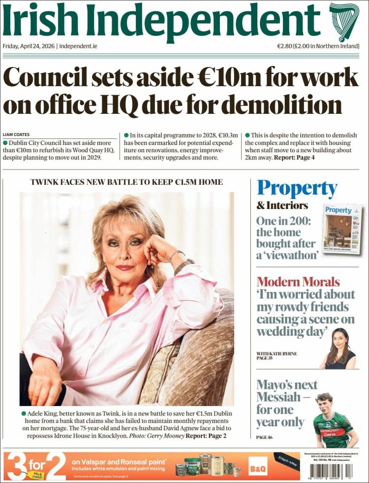 Portada de Irish Independent (Irlanda)