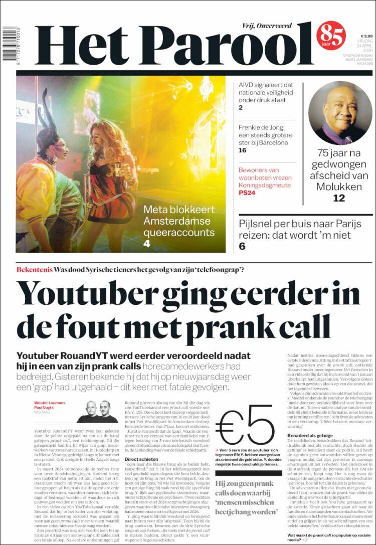 Portada de Het Parool (Pa&iacute;ses Bajos)