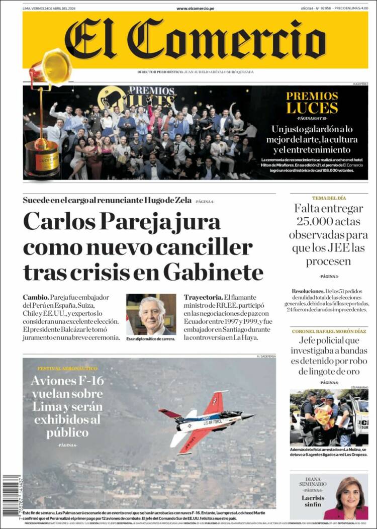 Portada de El Comercio (Per&uacute;)