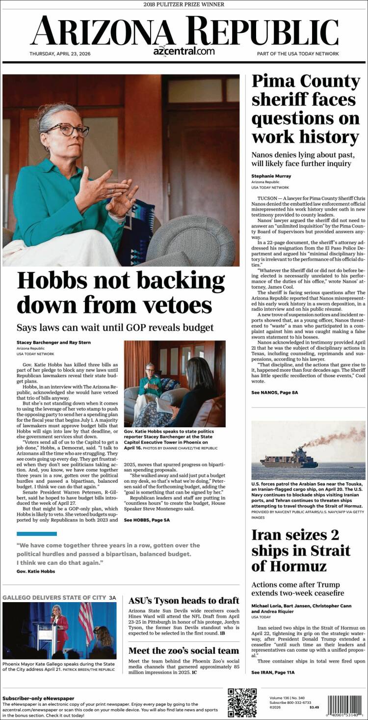 Portada de Arizona Republic News (USA)