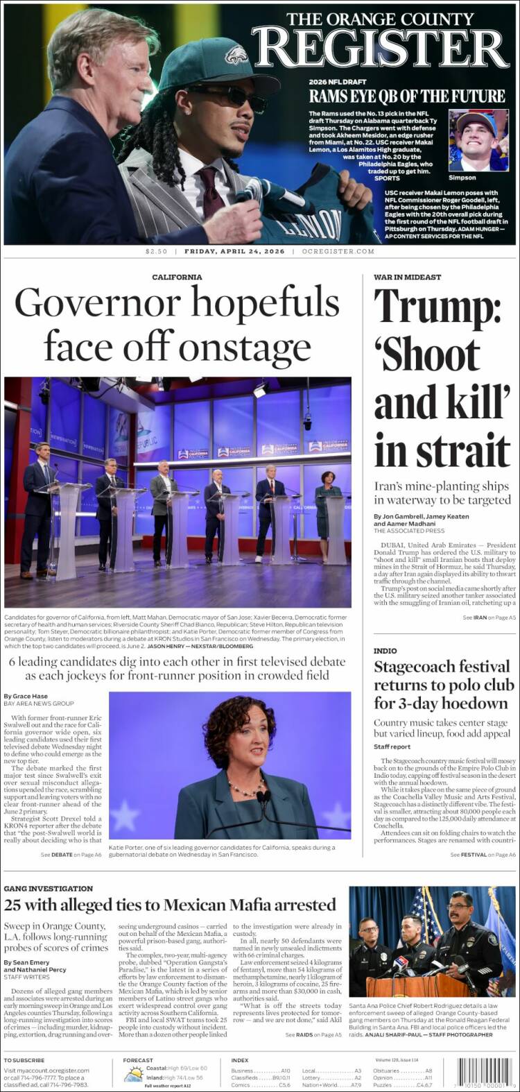 Portada de The Orange County Register (USA)