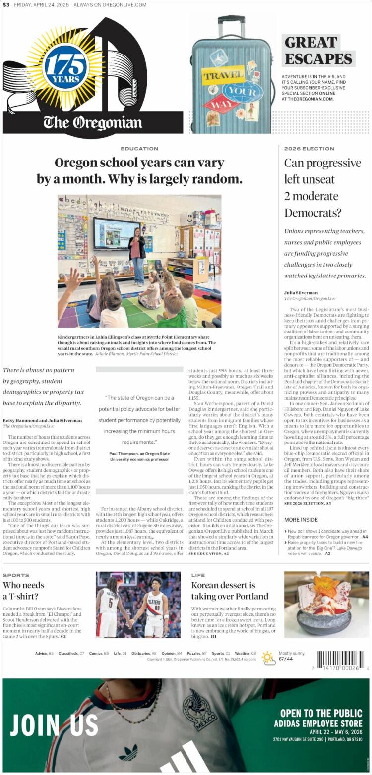 Portada de The Oregonian (USA)
