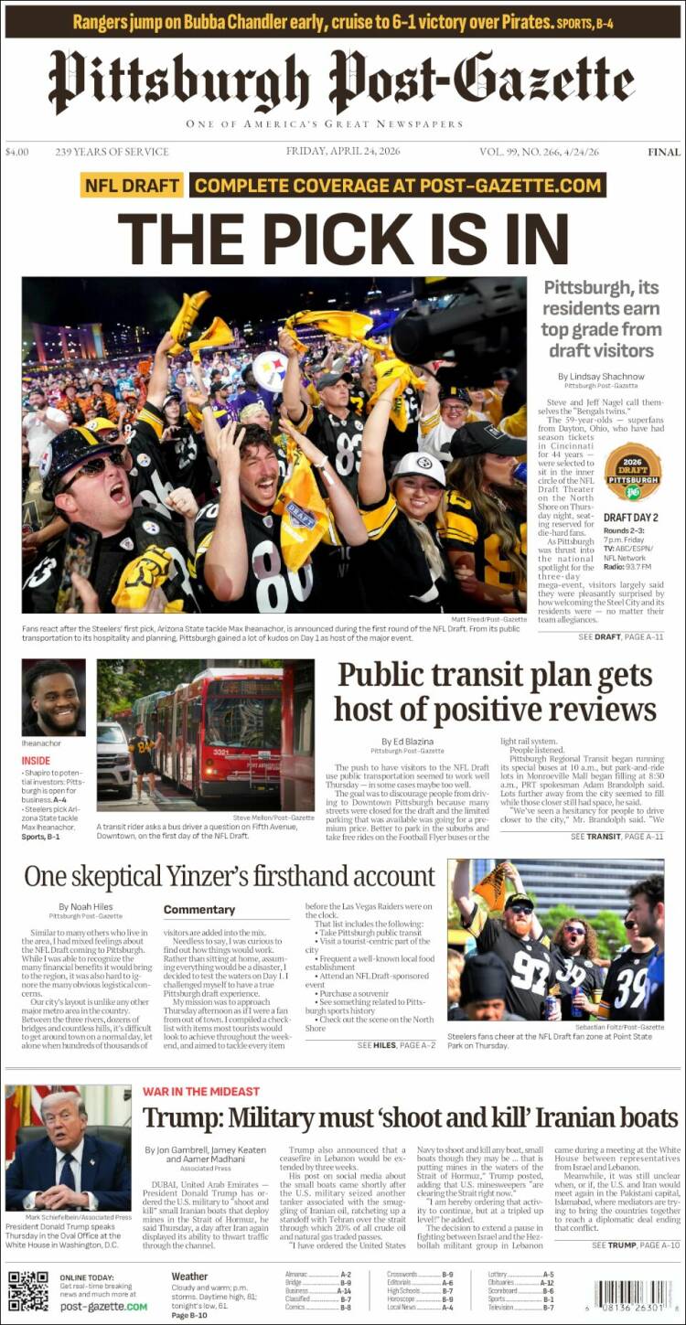 Portada de Pittsburgh Post-Gazette (USA)