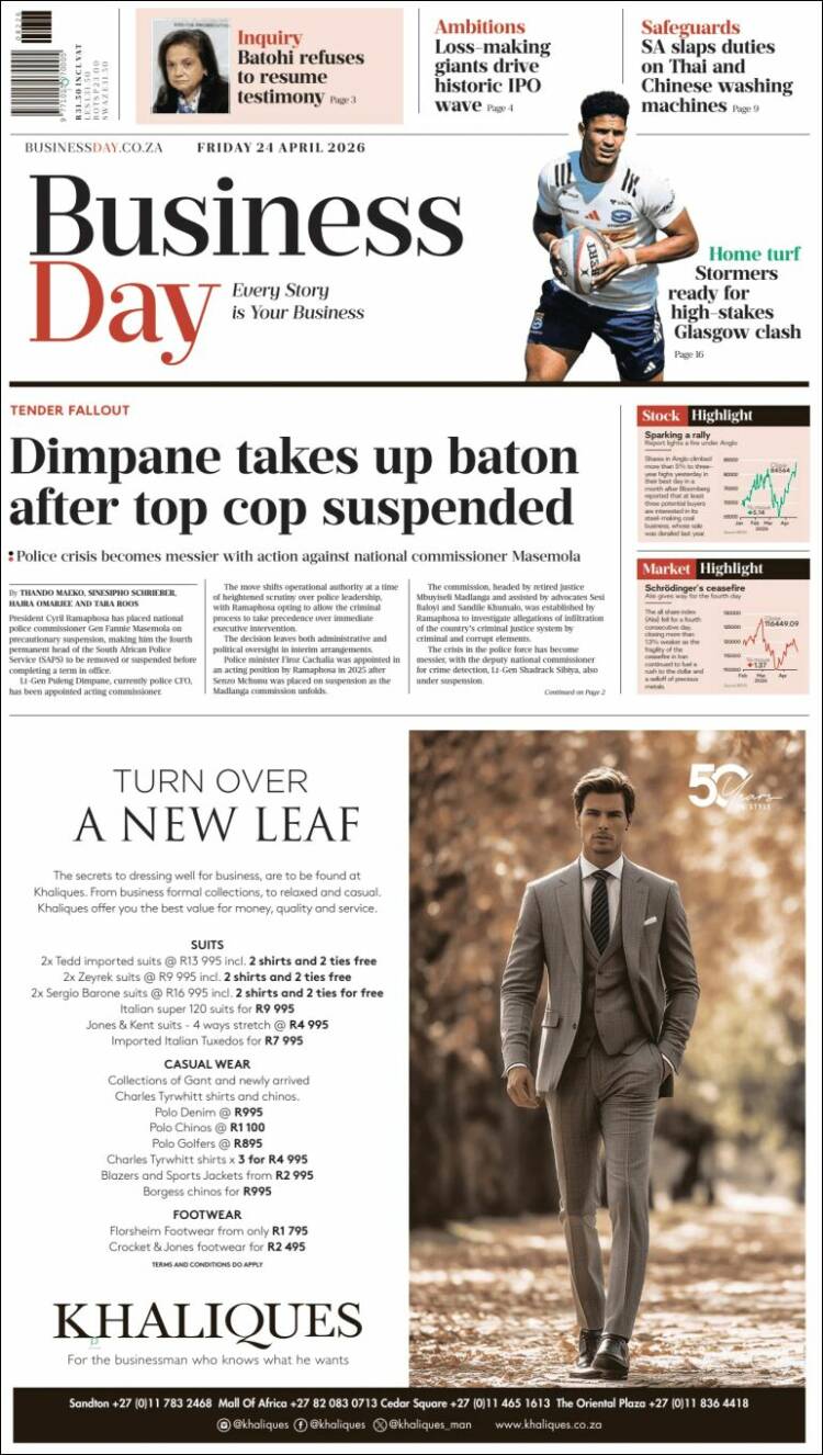 Portada de Business Day (Sud&aacute;frica)