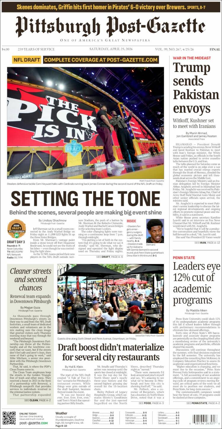 Portada de Pittsburgh Post-Gazette (USA)