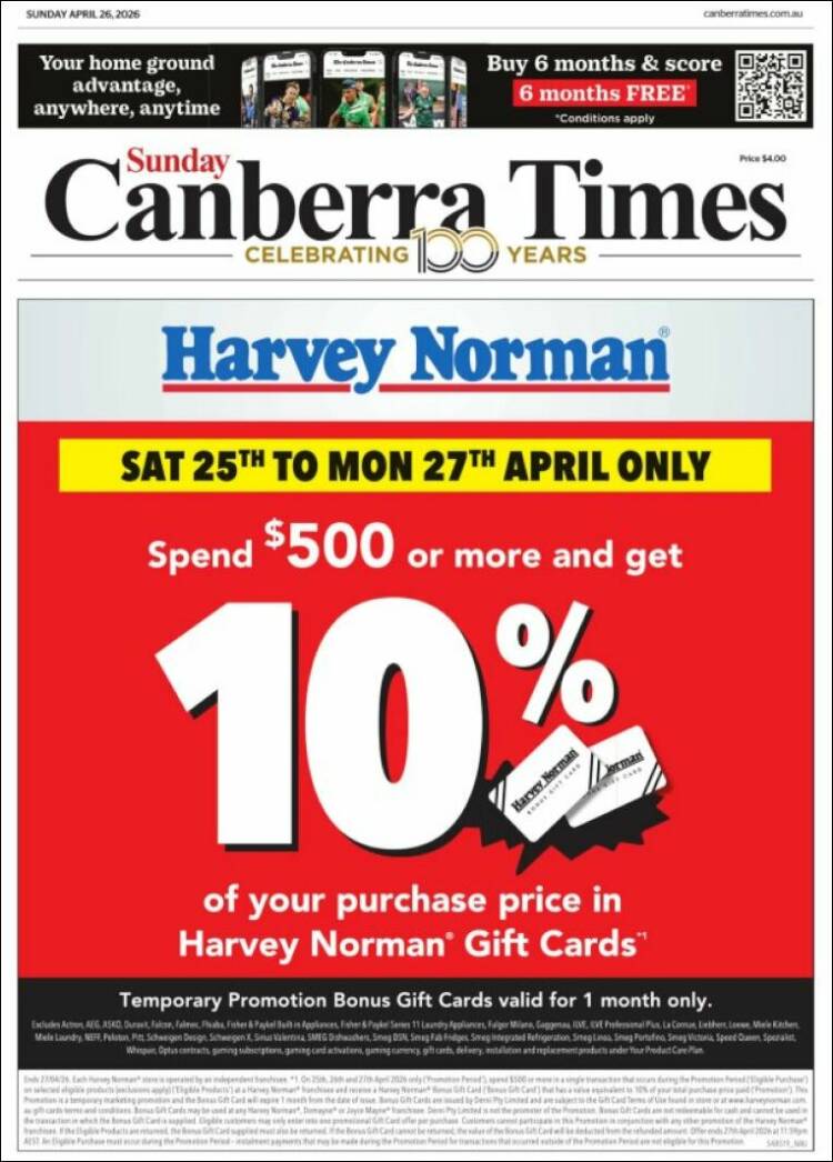 Portada de The Canberra Times (Australia)