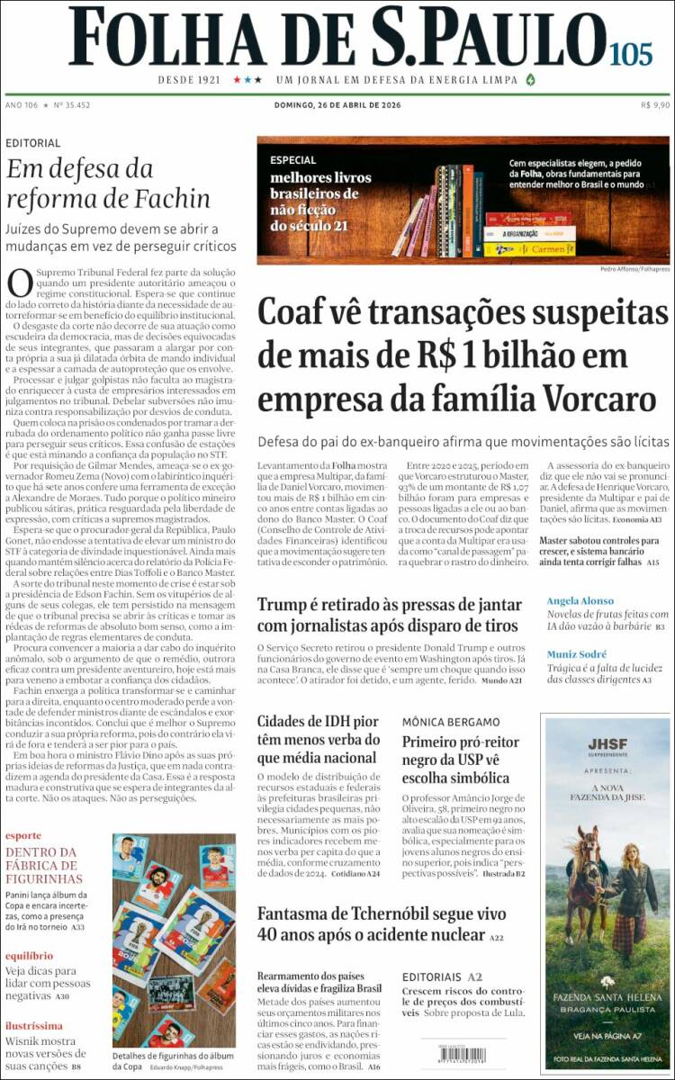 Portada de Folha de São Paulo (Brasil)