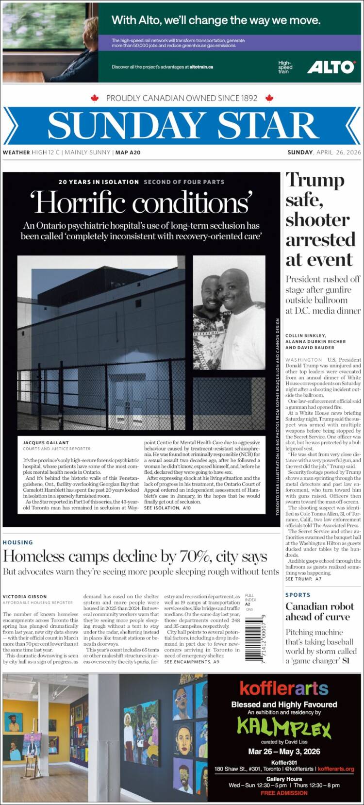 Portada de The Toronto Star (Canad&aacute;)