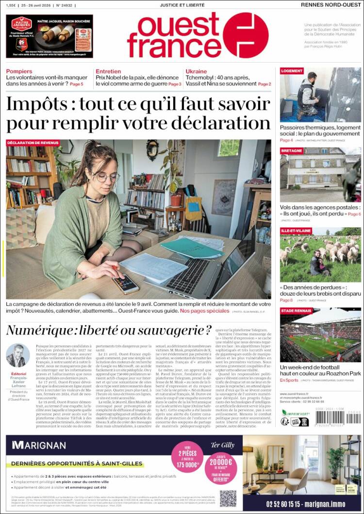 Portada de Ouest France (Francia)