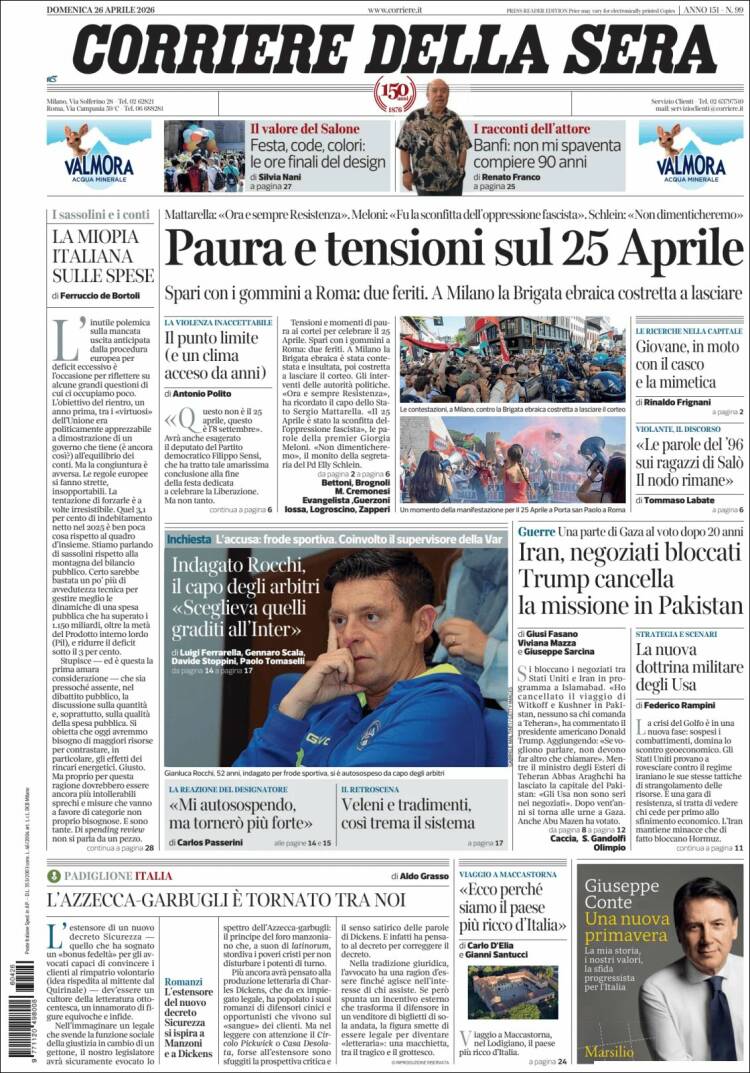 Portada de Corriere della Sera (Italia)