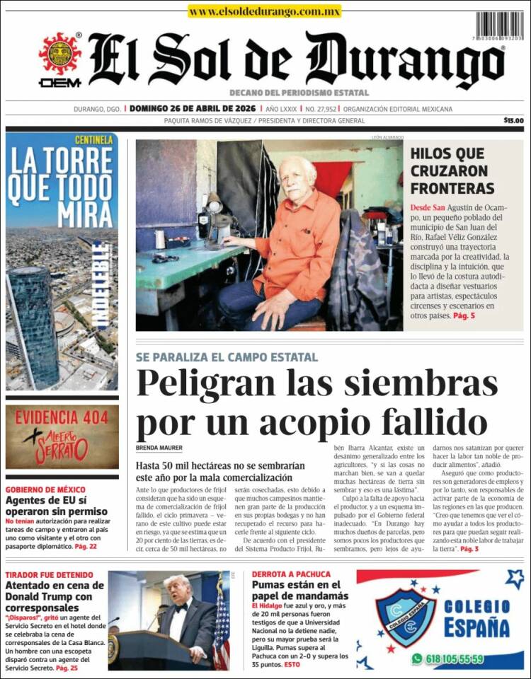 Portada de El Sol de Durango (M&eacute;xico)