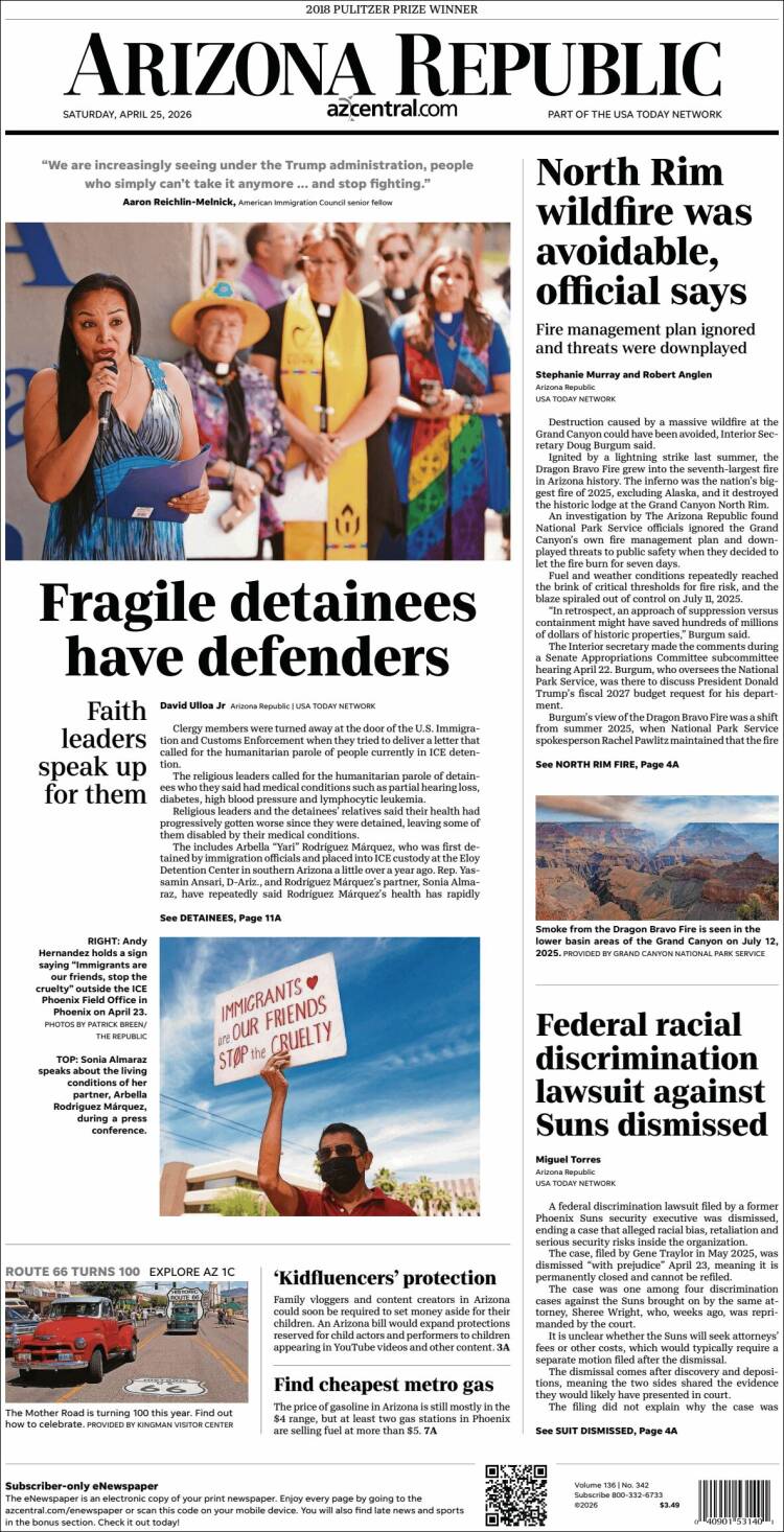 Portada de Arizona Republic News (USA)