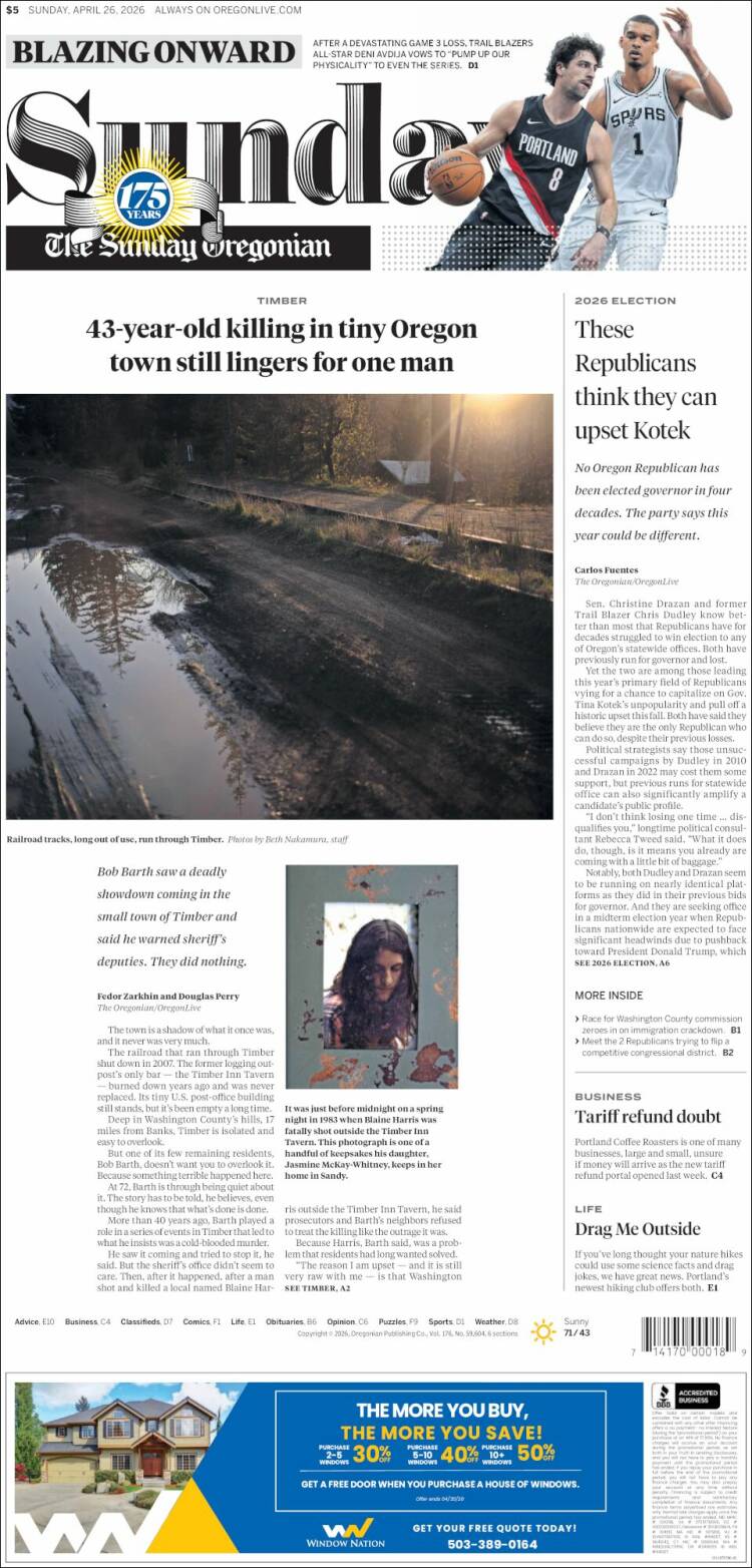 Portada de The Oregonian (USA)