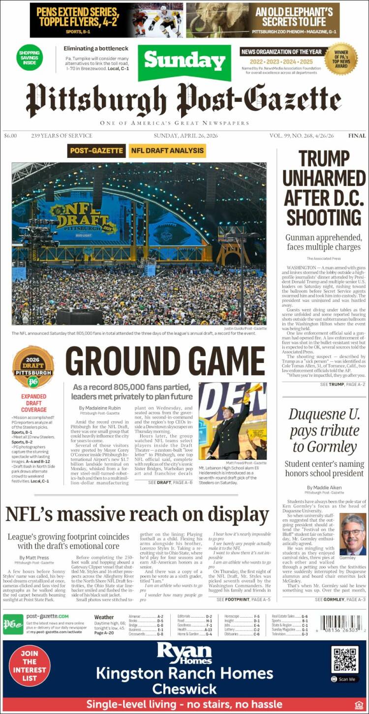Portada de Pittsburgh Post-Gazette (USA)
