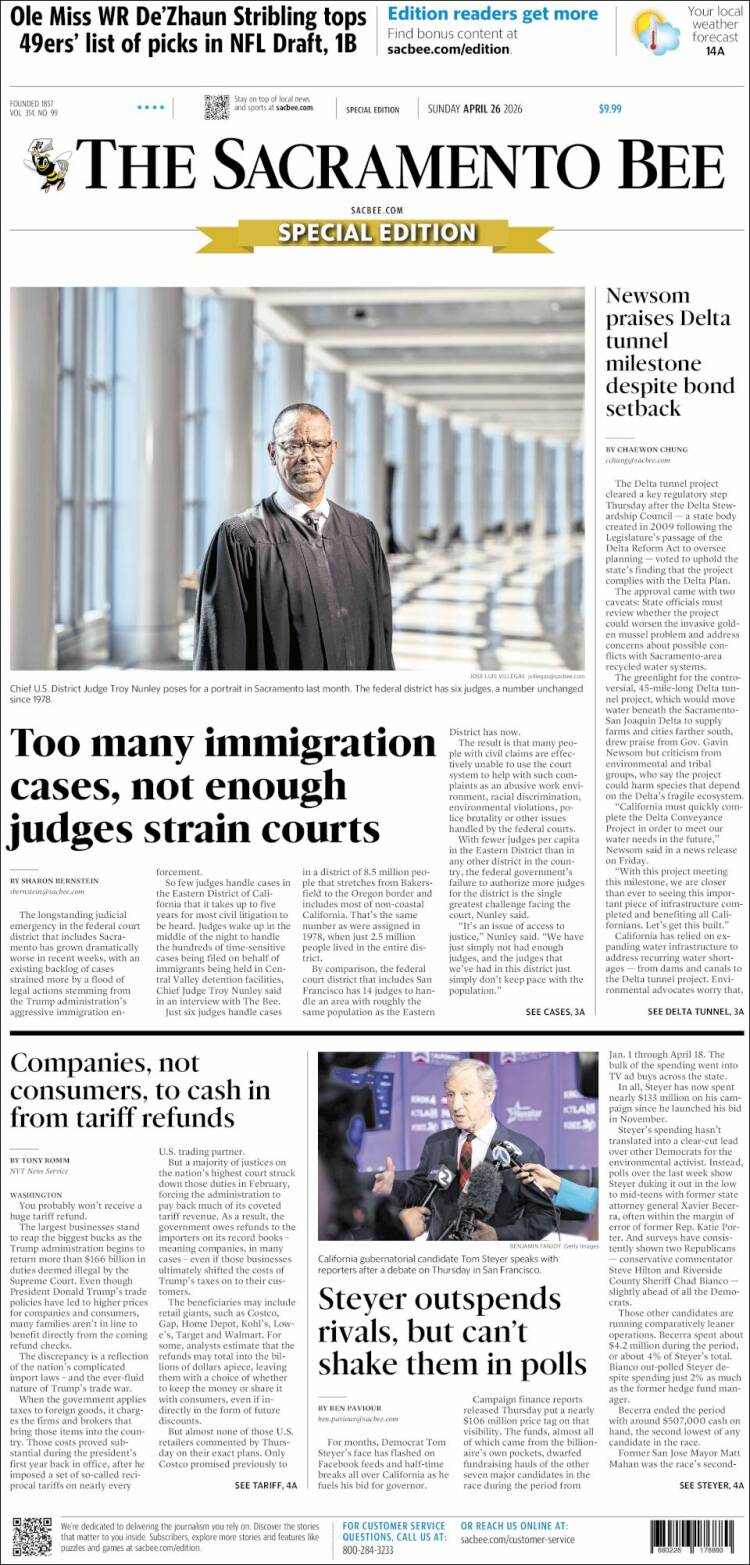 Portada de The Sacramento Bee (USA)