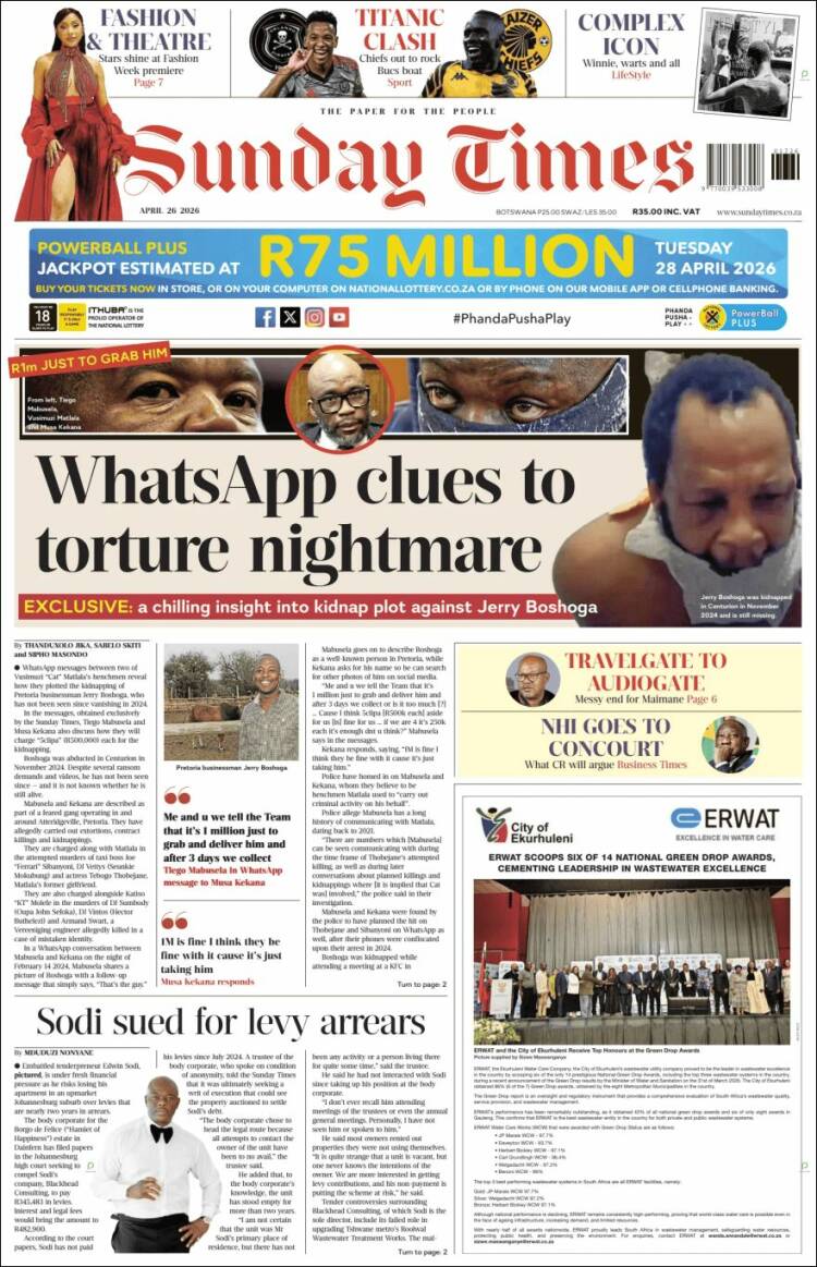 Portada de The Times (Sud&aacute;frica)