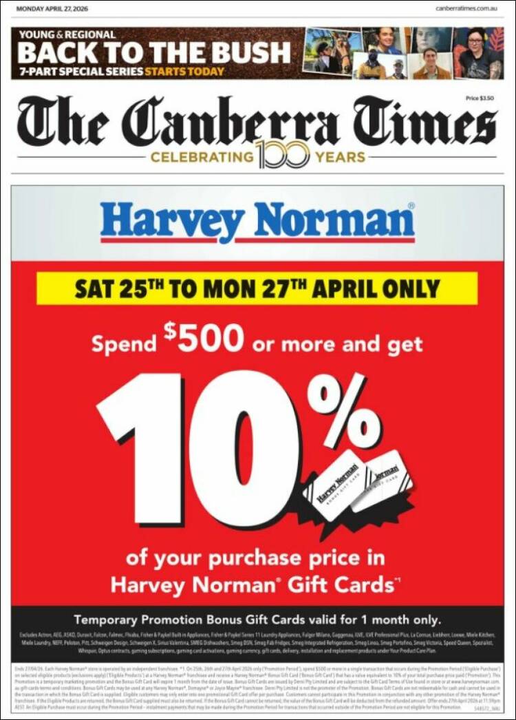 Portada de The Canberra Times (Australia)