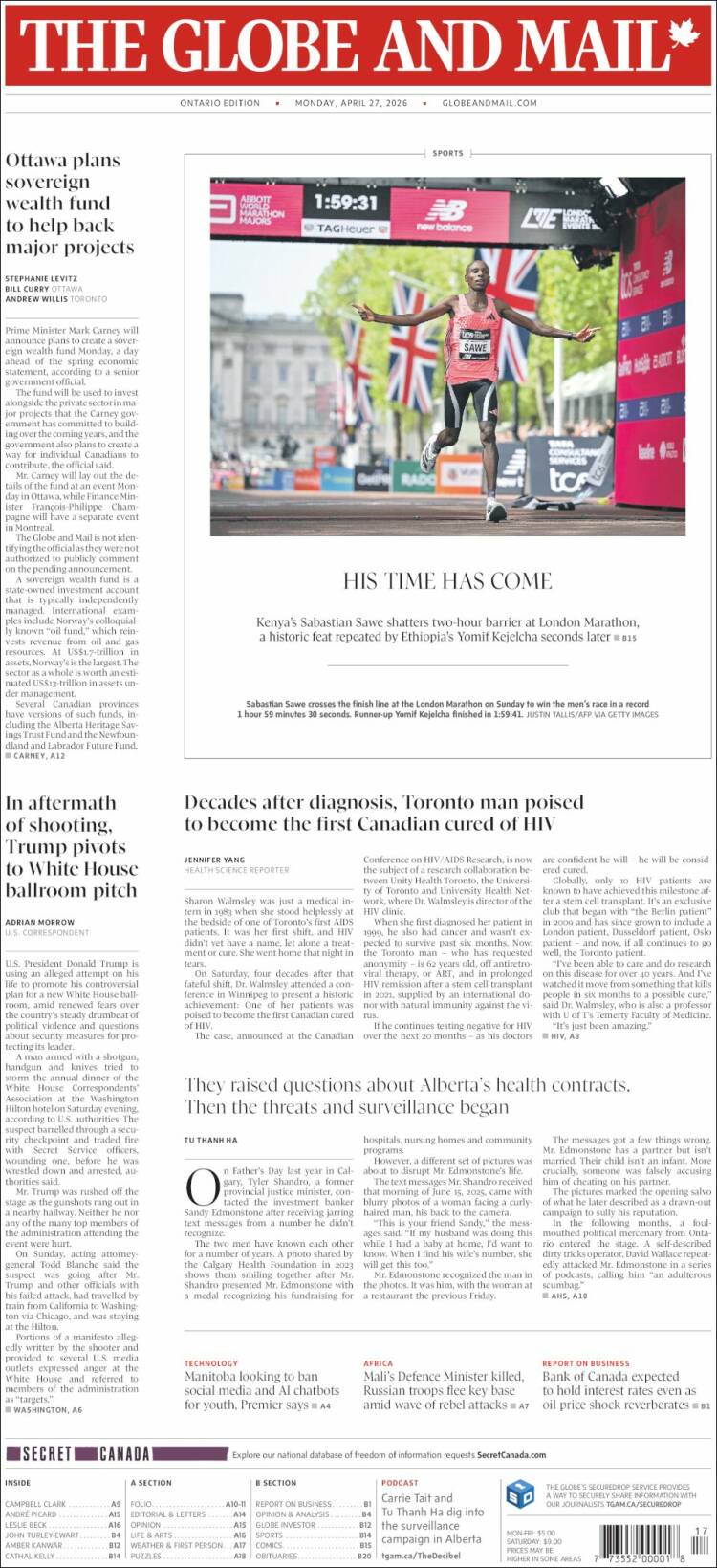 Portada de The Globe and Mail (Canad&aacute;)