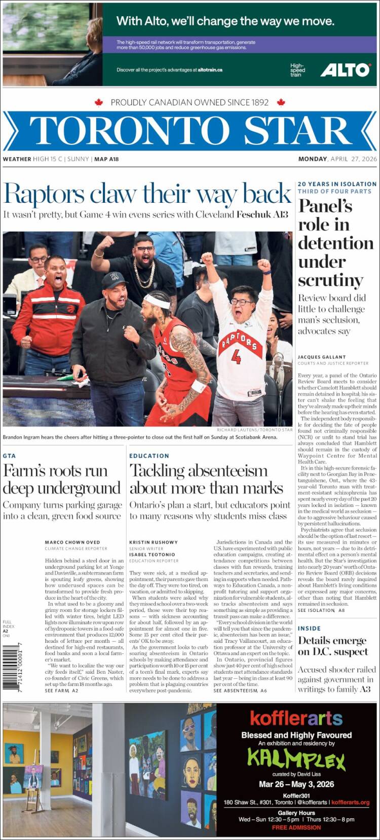 Portada de The Toronto Star (Canad&aacute;)