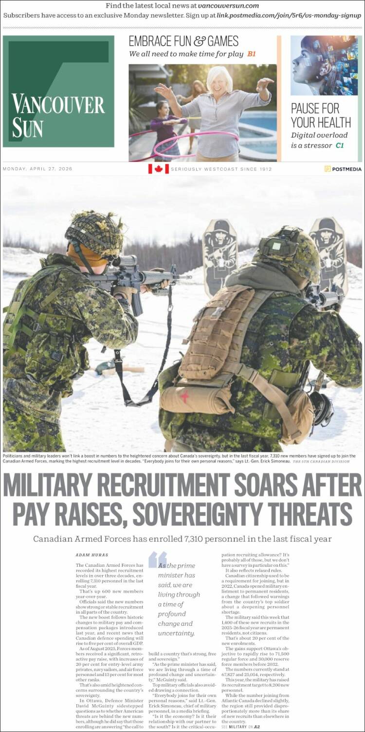 Portada de The Vancouver Sun (Canad&aacute;)