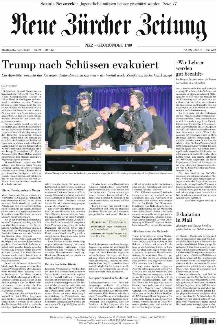 Portada de Neue Zürcher Zeitung (Suiza)