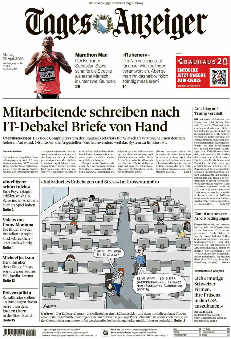 Portada de Tages-Anzeiger (Suiza)