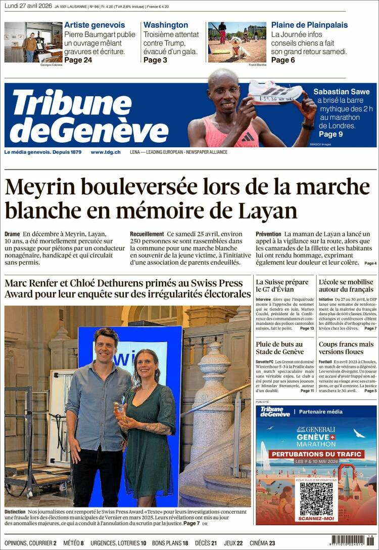 Portada de La Tribune de Genève (Suiza)