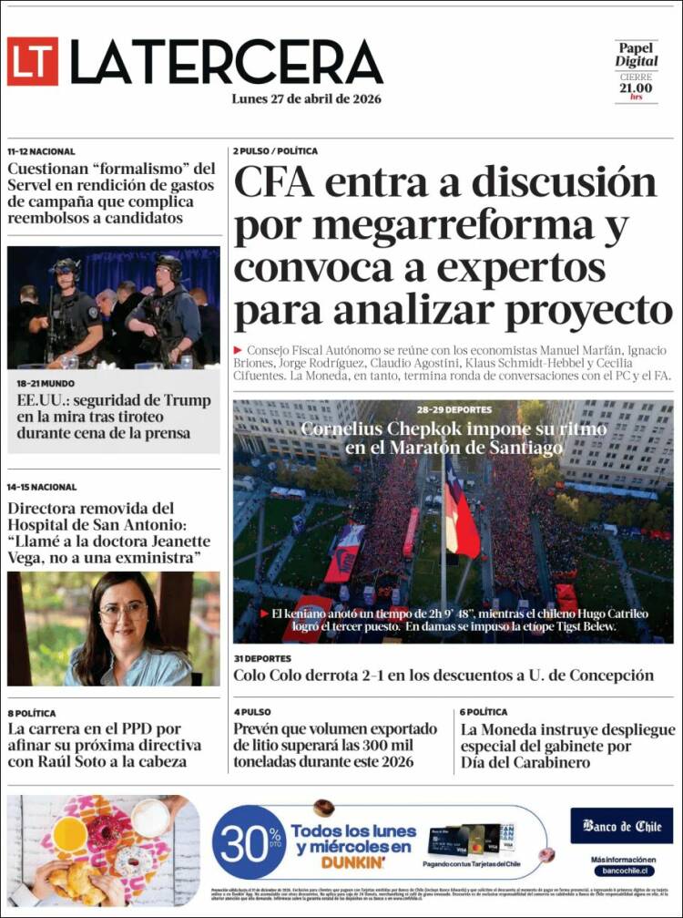 Portada de La Tercera (Chile)