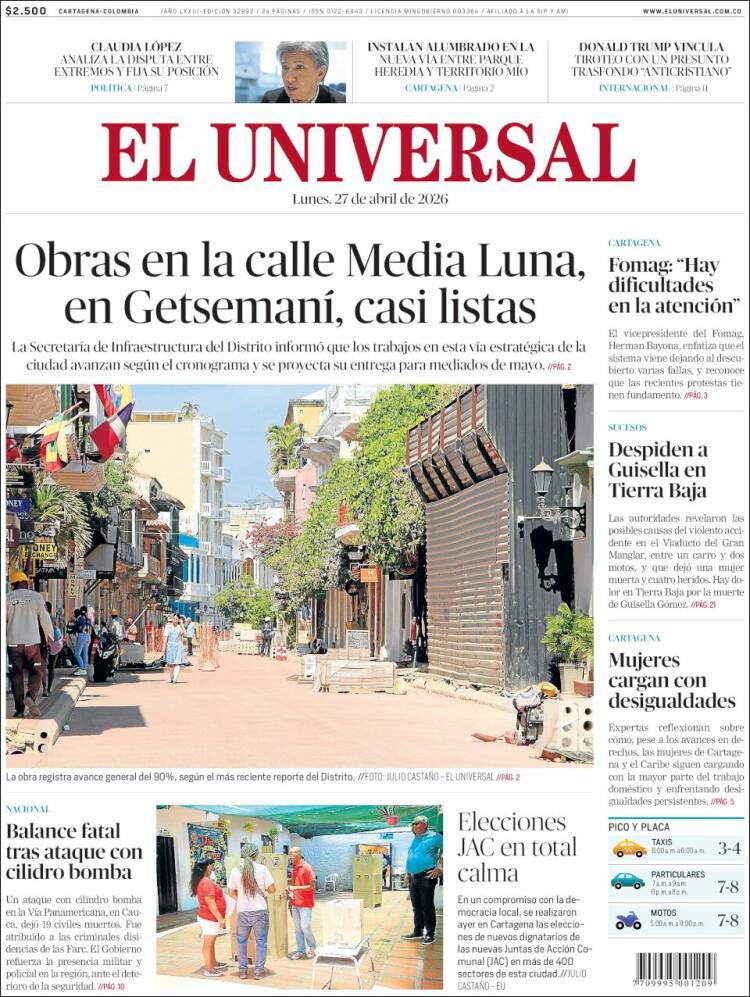 Portada de El Universal (Colombia)